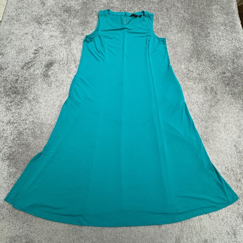 Susan Graver Liquid Knit Sleeveless Midi Dress Womens XL Pockets Slit Teal Green